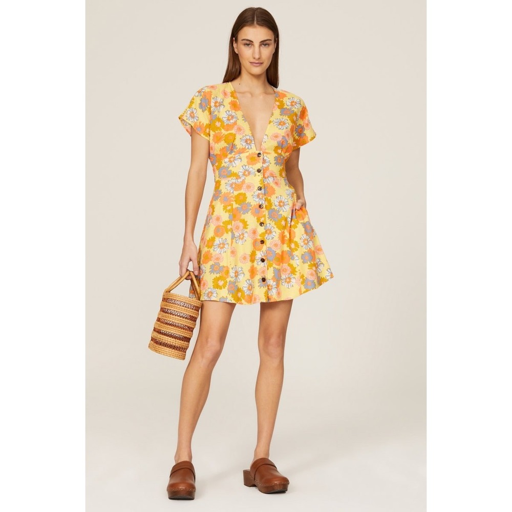 Marine Layer Camila floral hemp blend Mini Dress Size S yellow‎ bright